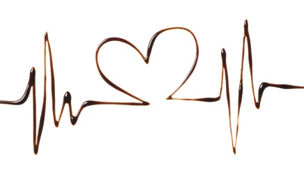Heart and cardiac rhythm drawn with dark chocolate on white background, top view Photo of Heart and cardiac rhythm drawn with dark chocolate on white background, top view