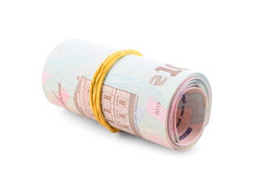 Roll of Ukrainian money on white background Photo of Roll of Ukrainian money on white background