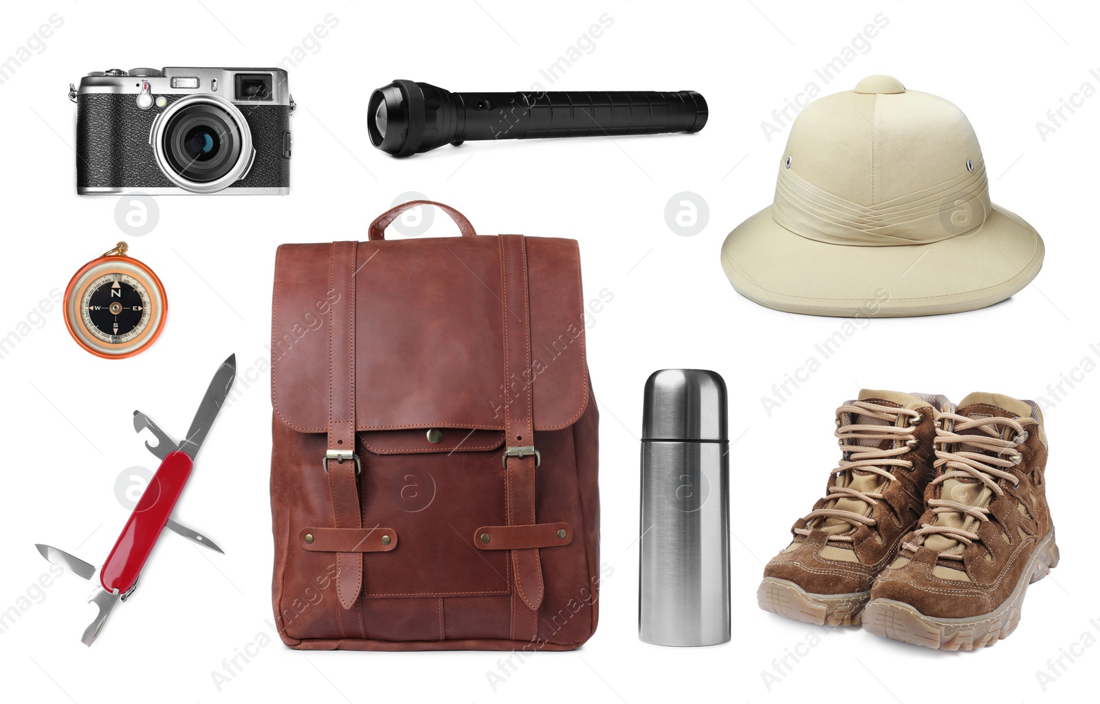 Image of Set with different camping equipment on white background