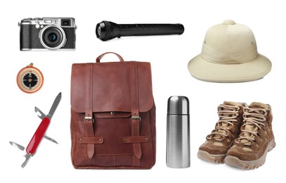 Set with different camping equipment on white background Image of Set with different camping equipment on white background