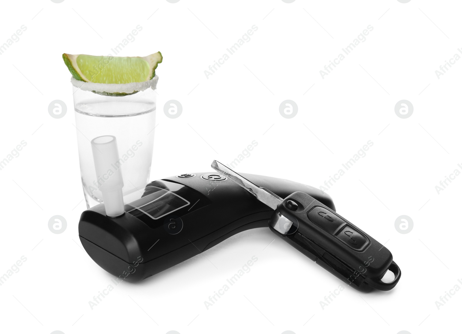 Modern breathalyzer, alcohol and car key on white background Photo of Modern breathalyzer, alcohol and car key on white background