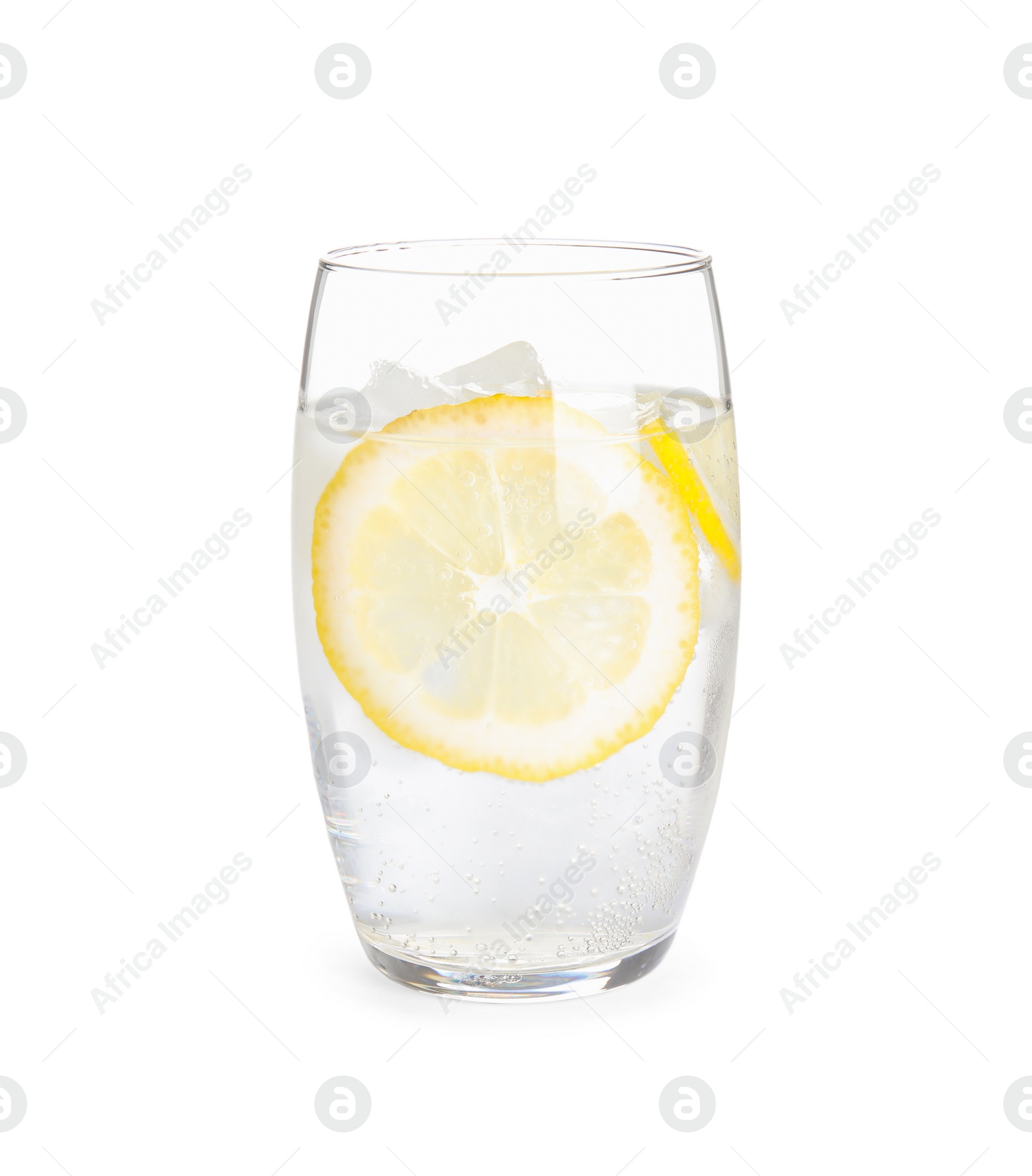 Soda water with lemon slices and ice cubes isolated on white Photo of Soda water with lemon slices and ice cubes isolated on white