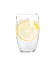 Soda water with lemon slices and ice cubes isolated on white Photo of Soda water with lemon slices and ice cubes isolated on white