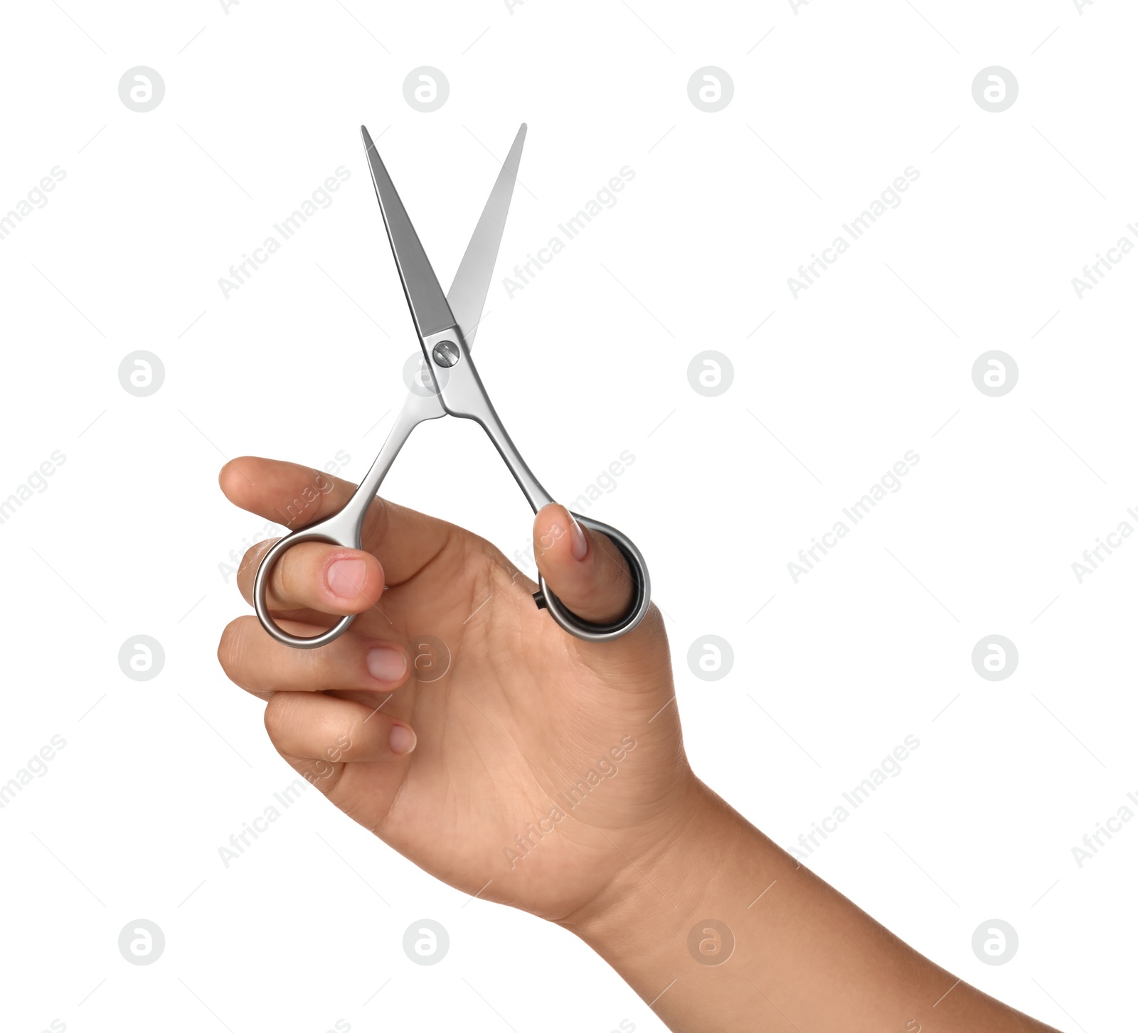 Hairdresser holding professional scissors isolated on white, closeup. Haircut tool Photo of Hairdresser holding professional scissors isolated on white, closeup. Haircut tool