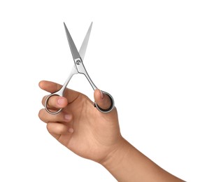 Hairdresser holding professional scissors isolated on white, closeup. Haircut tool Photo of Hairdresser holding professional scissors isolated on white, closeup. Haircut tool