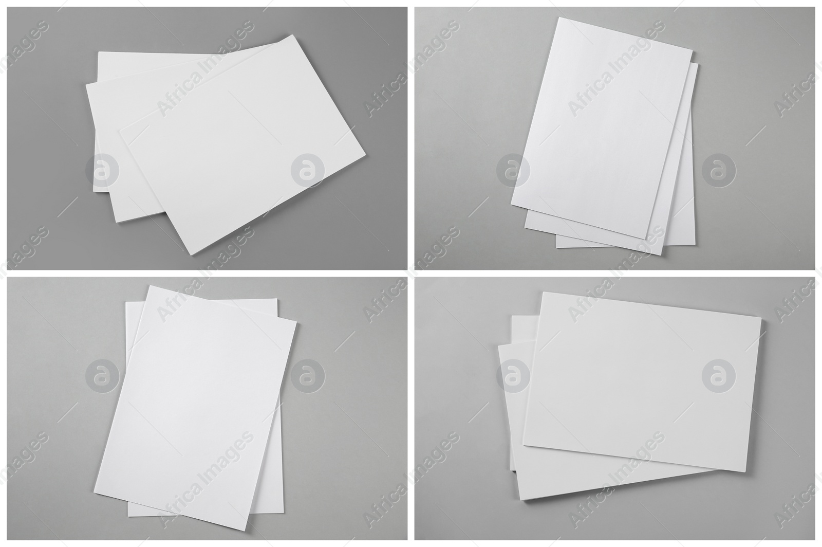 Open blank brochures on grey background, top view. Collage Image of Open blank brochures on grey background, top view. Collage