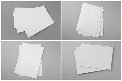 Open blank brochures on grey background, top view. Collage Image of Open blank brochures on grey background, top view. Collage
