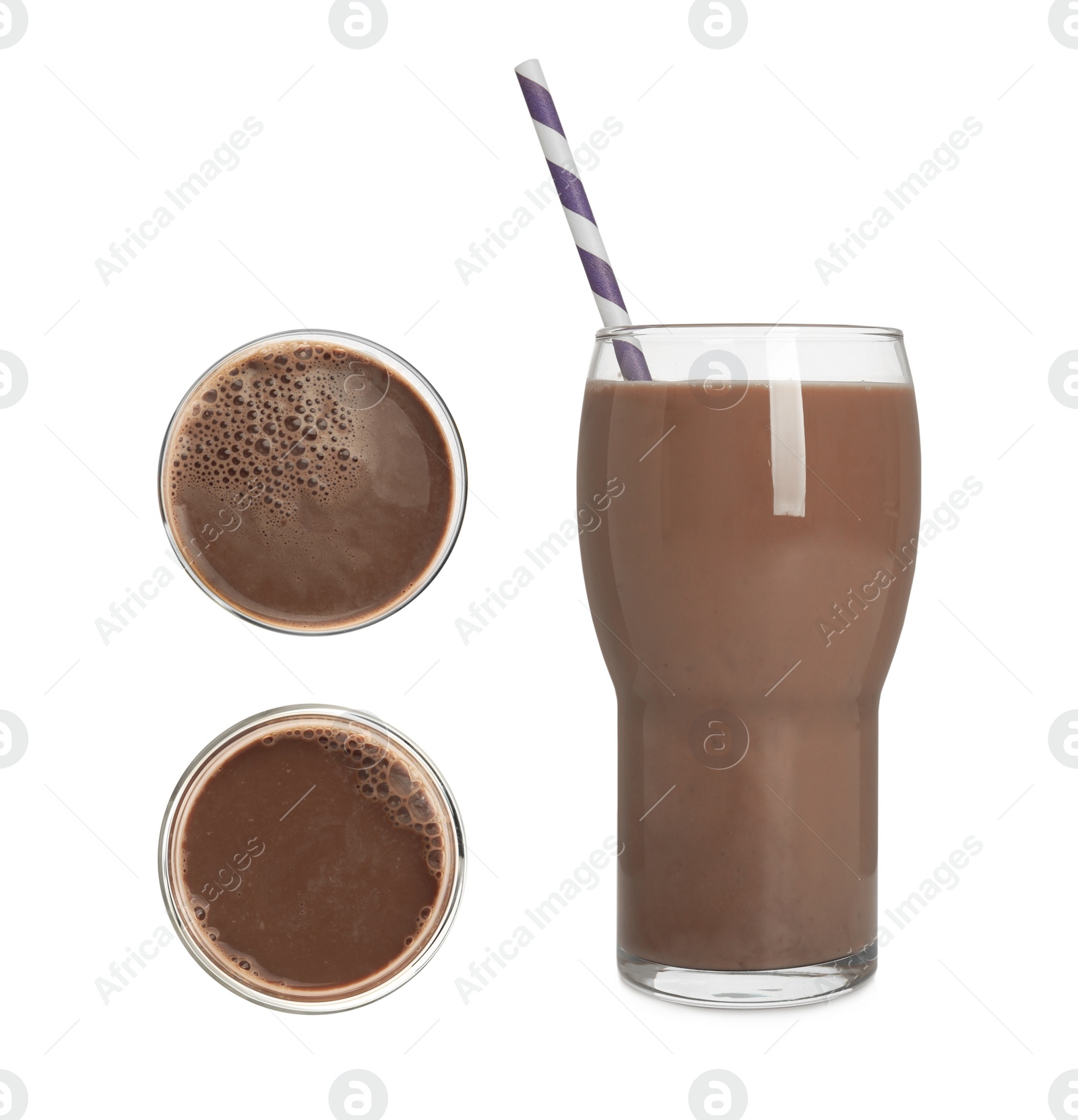 Delicious chocolate milk on white background, collage Image of Delicious chocolate milk on white background, collage