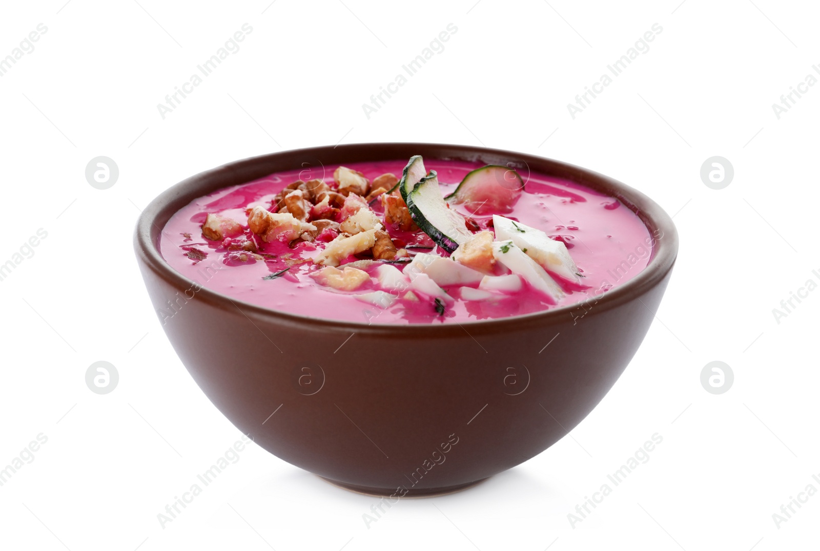 Delicious cold summer beet soup on white background Photo of Delicious cold summer beet soup on white background