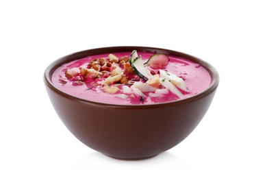 Photo of Delicious cold summer beet soup on white background