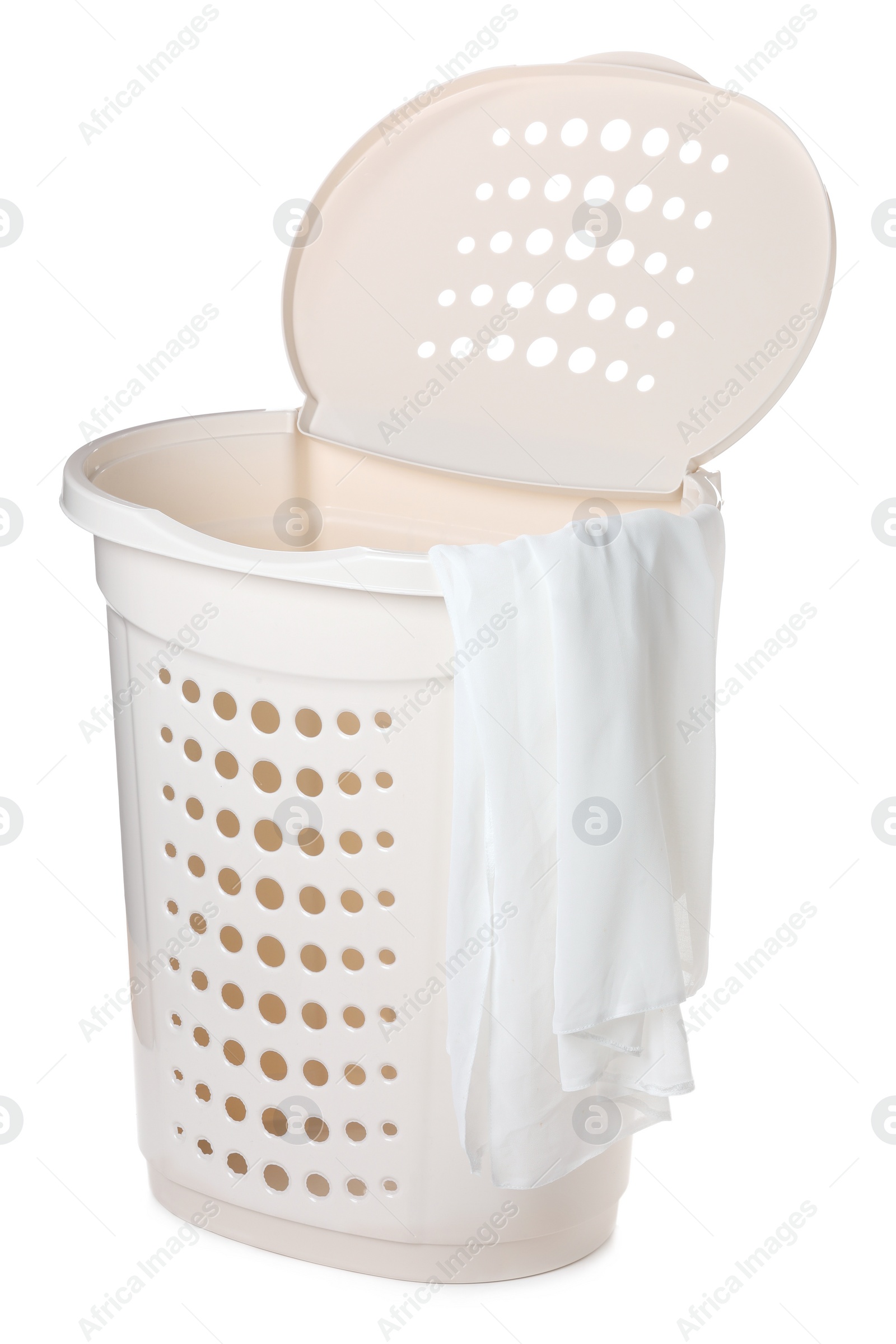Plastic laundry basket with garment isolated on white Photo of Plastic laundry basket with garment isolated on white