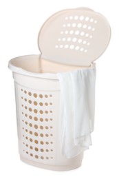 Plastic laundry basket with garment isolated on white Photo of Plastic laundry basket with garment isolated on white