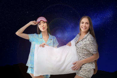 Beautiful women with pillow and night starry sky on background. Bedtime Image of Beautiful women with pillow and night starry sky on background. Bedtime