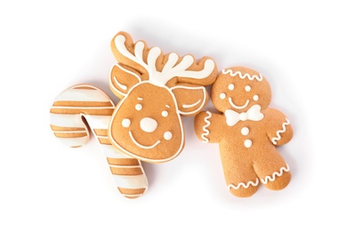 Different delicious Christmas cookies on white background, top view Photo of Different delicious Christmas cookies on white background, top view