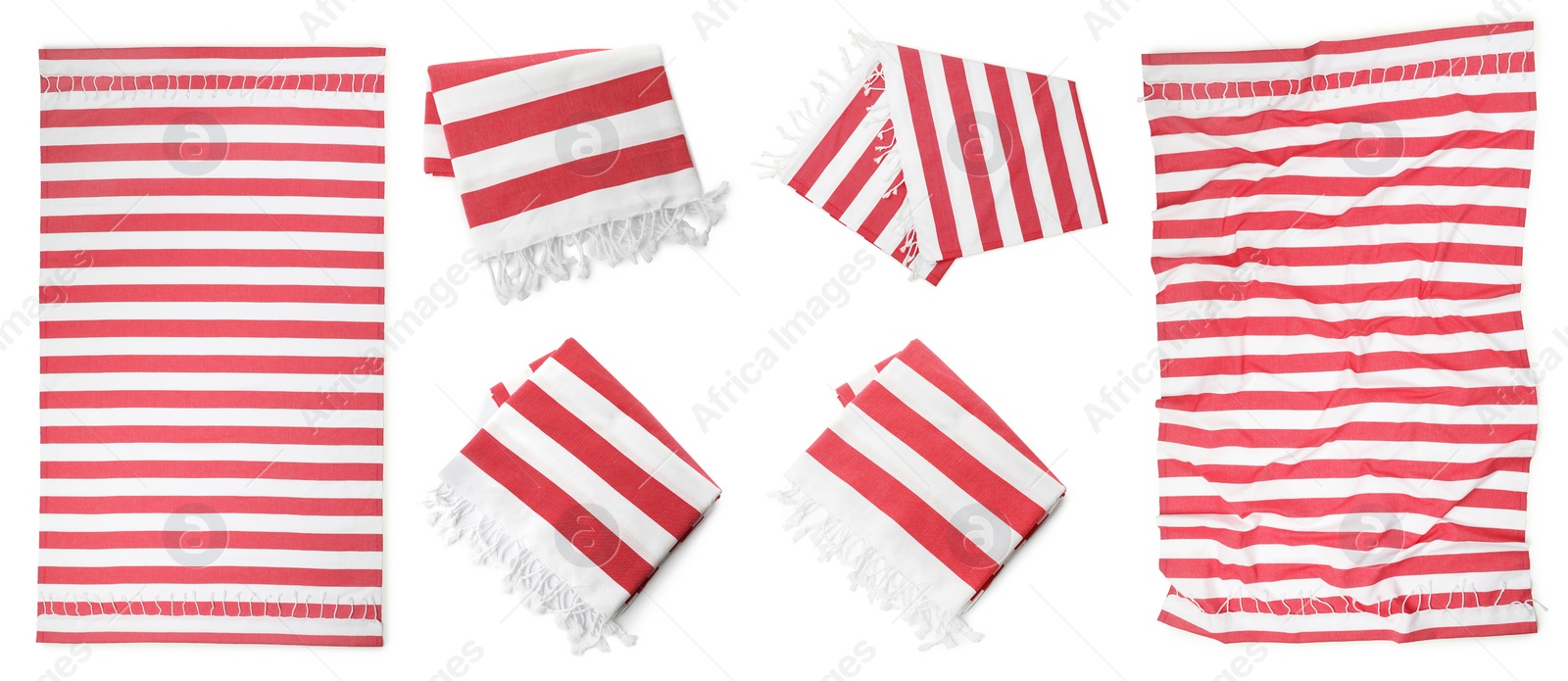 Set with different beach towels on white background, top view. Banner design Image of Set with different beach towels on white background, top view. Banner design
