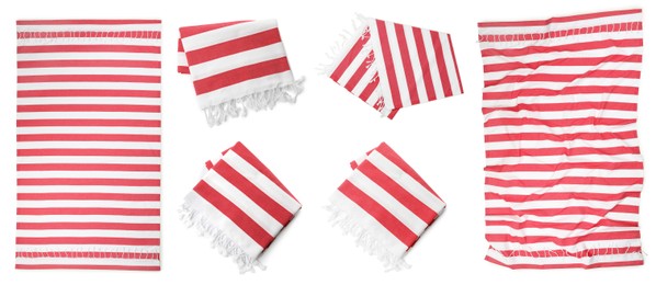 Set with different beach towels on white background, top view. Banner design Image of Set with different beach towels on white background, top view. Banner design