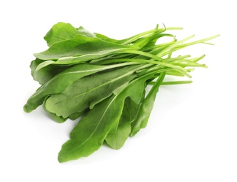 Fresh green arugula leaves on white background Photo of Fresh green arugula leaves on white background