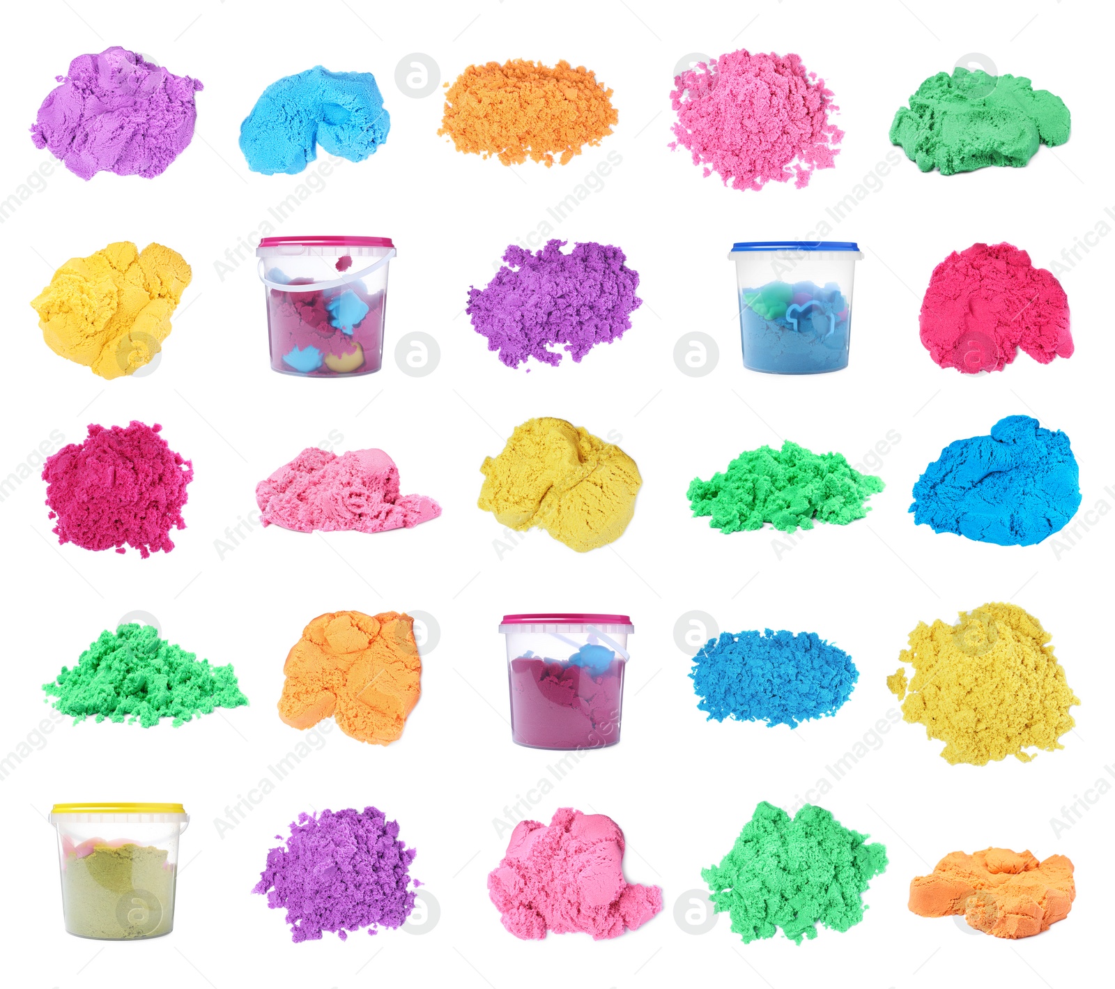 Set with colorful kinetic sand on white background Image of Set with colorful kinetic sand on white background