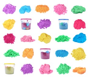 Set with colorful kinetic sand on white background Image of Set with colorful kinetic sand on white background