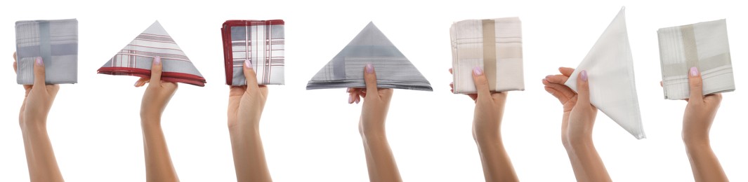 Collage with photos of women holding different handkerchiefs on white background, closeup. Banner design Image of Collage with photos of women holding different handkerchiefs on white background, closeup. Banner design