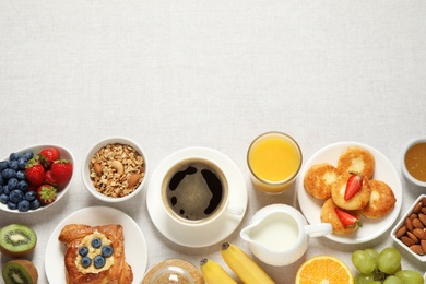 Buffet service. Flat lay composition with many different dishes on table, space for text Photo of Buffet service. Flat lay composition with many different dishes on table, space for text