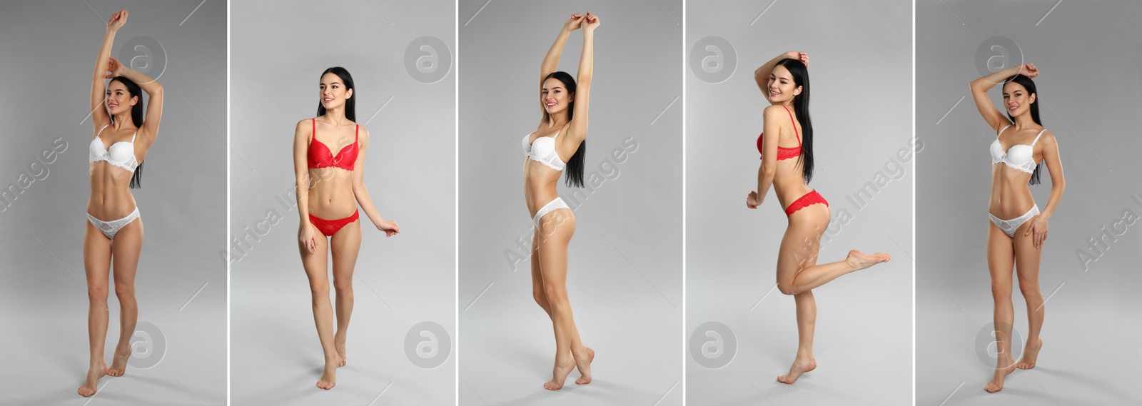 Collage of beautiful young woman in different underwear on grey background Image of Collage of beautiful young woman in different underwear on grey background