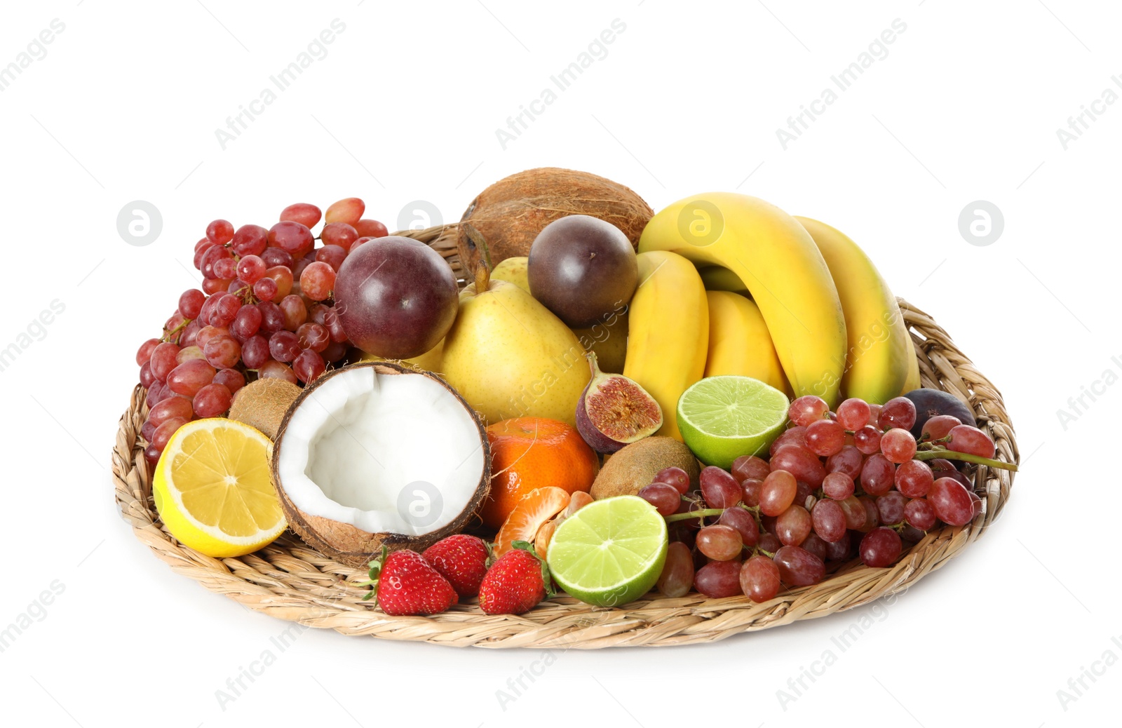 Assortment of fresh exotic fruits on white background Photo of Assortment of fresh exotic fruits on white background
