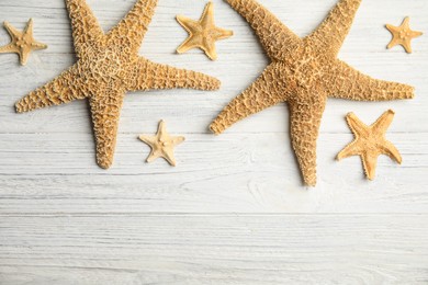 Beautiful sea stars on white wooden background, flat lay. Space for text Photo of Beautiful sea stars on white wooden background, flat lay. Space for text
