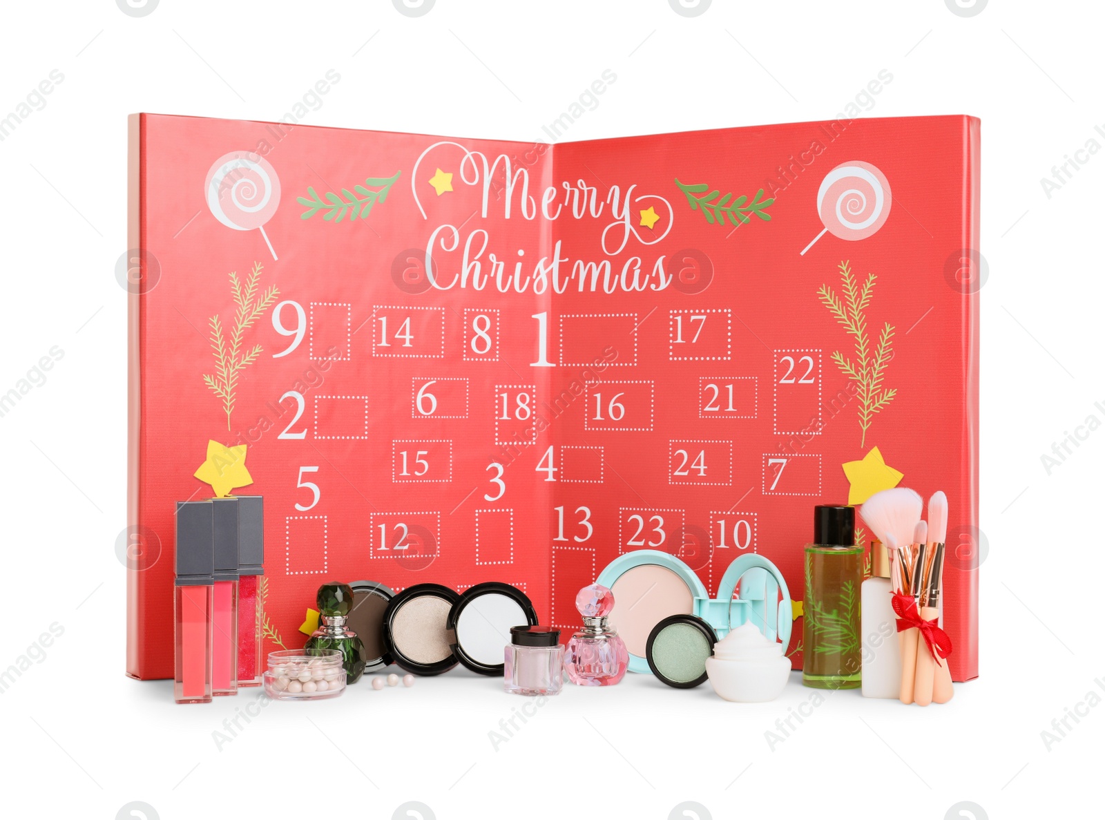 Photo of Christmas advent calendar with different cosmetics and perfumes isolated on white