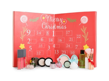 Christmas advent calendar with different cosmetics and perfumes isolated on white Photo of Christmas advent calendar with different cosmetics and perfumes isolated on white