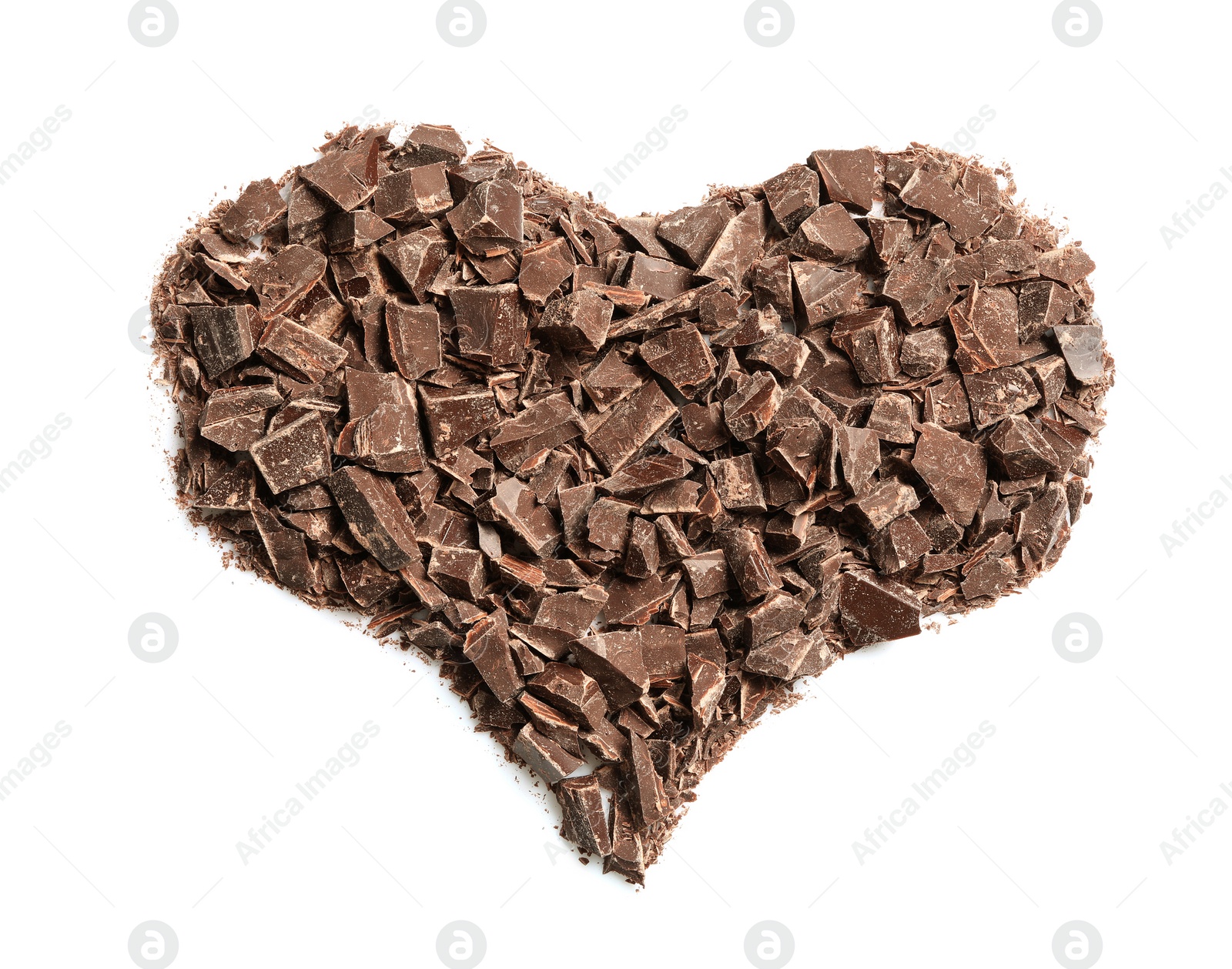 Heart made with dark chocolate crumbles on white background, top view Photo of Heart made with dark chocolate crumbles on white background, top view