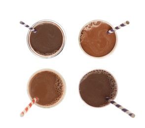 Set with delicious chocolate milk on white background, top view Image of Set with delicious chocolate milk on white background, top view