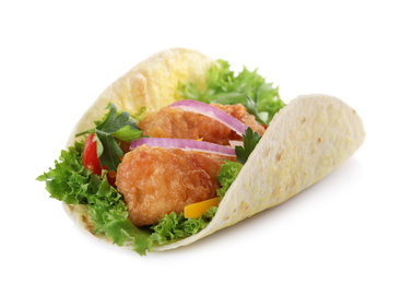 Yummy fish taco with onion isolated on white Photo of Yummy fish taco with onion isolated on white