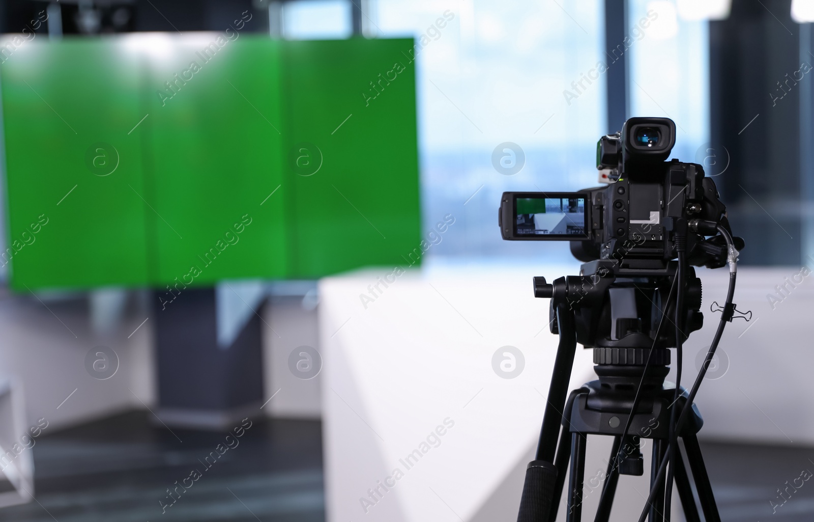 Modern video recording studio with professional equipment, focus on camera Photo of Modern video recording studio with professional equipment, focus on camera