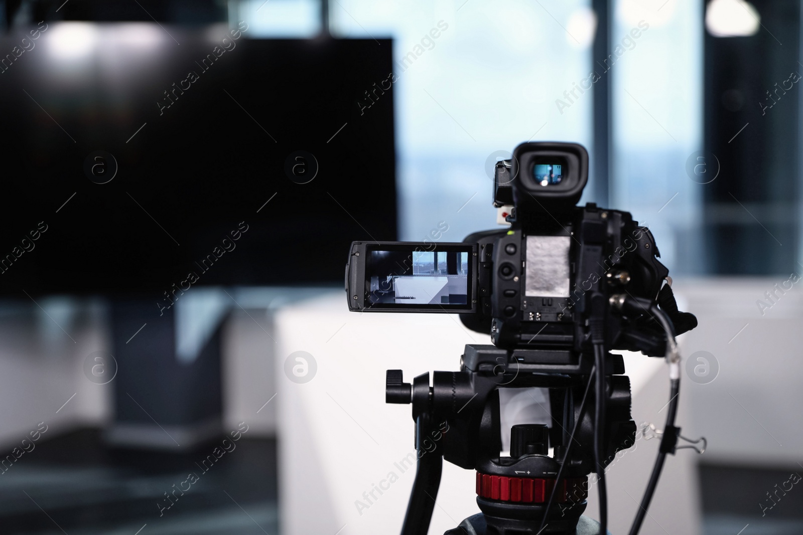 Modern video recording studio, focus on camera Photo of Modern video recording studio, focus on camera