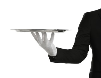 Elegant butler holding silver tray isolated on white, closeup Photo of Elegant butler holding silver tray isolated on white, closeup