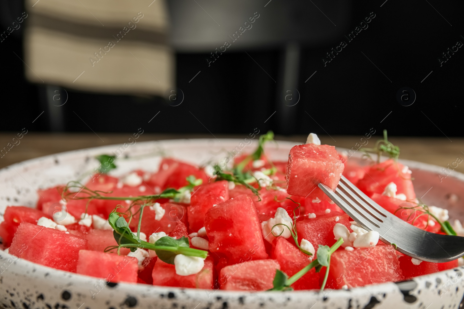 Delicious salad with watermelon served on plate, closeup Photo of Delicious salad with watermelon served on plate, closeup