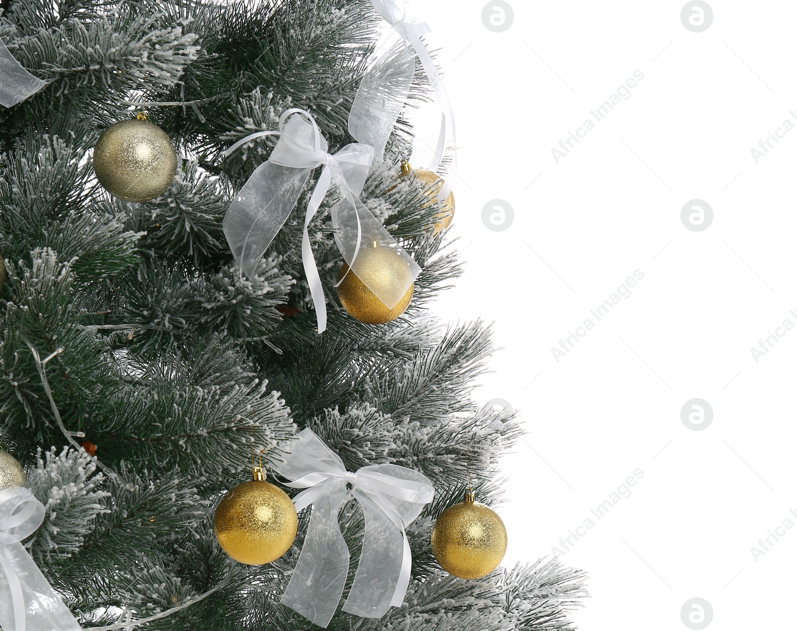 Beautifully decorated Christmas tree on white background, closeup Image of Beautifully decorated Christmas tree on white background, closeup