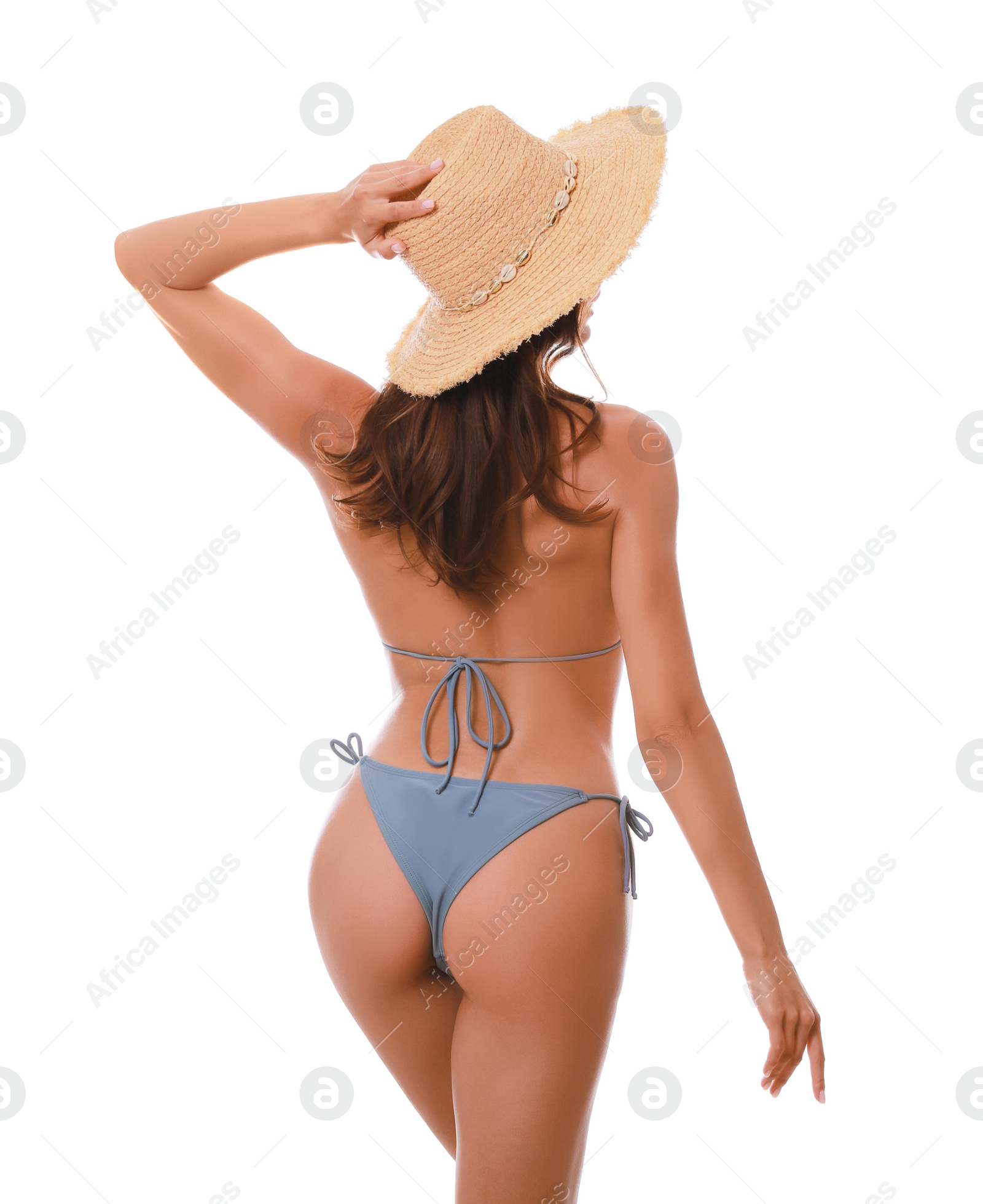 Beautiful woman in stylish bikini on white background, back view Photo of Beautiful woman in stylish bikini on white background, back view