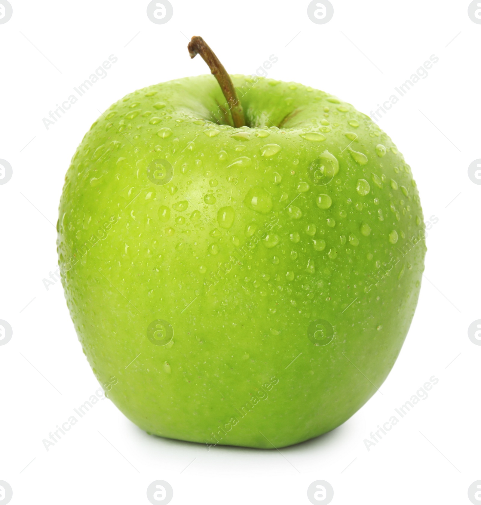 Fresh ripe green apple with water drops isolated on white Photo of Fresh ripe green apple with water drops isolated on white