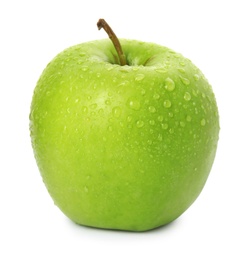Photo of Fresh ripe green apple with water drops isolated on white