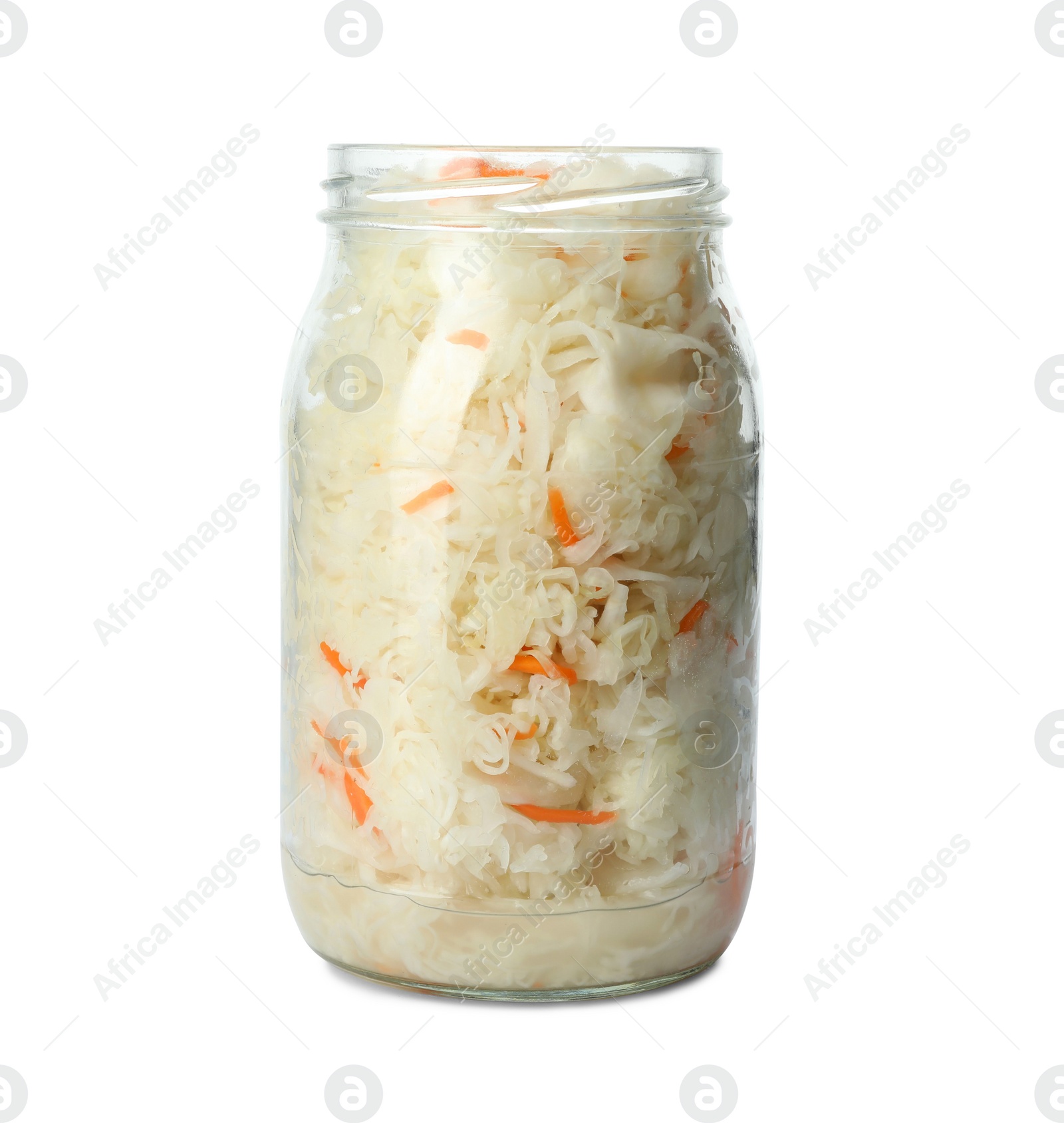 Glass jar of tasty fermented cabbage isolated on white Photo of Glass jar of tasty fermented cabbage isolated on white