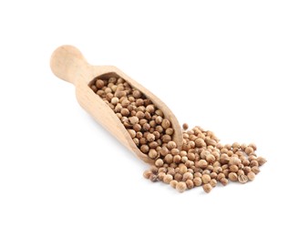 Dried coriander seeds with wooden scoop on white background Photo of Dried coriander seeds with wooden scoop on white background