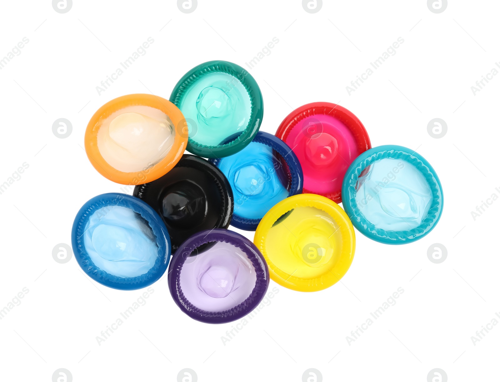 Unpacked colorful condoms on white background, top view. Safe sex Photo of Unpacked colorful condoms on white background, top view. Safe sex