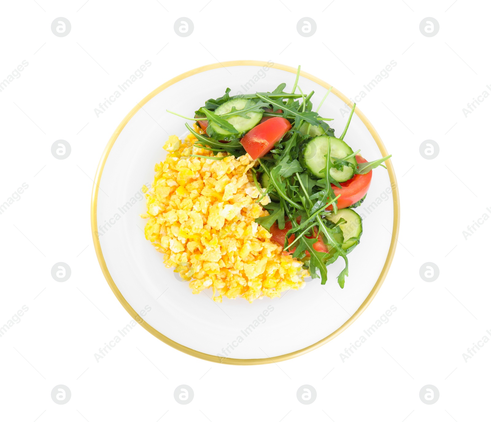Tasty scrambled eggs with garnish on white background, top view Photo of Tasty scrambled eggs with garnish on white background, top view
