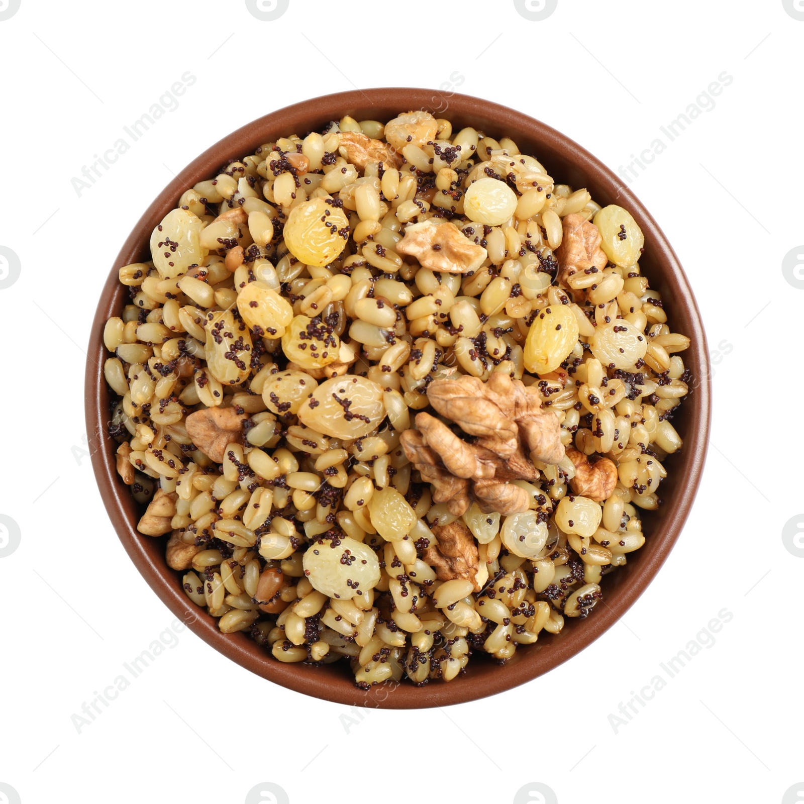 Photo of Traditional Christmas slavic dish kutia in bowl isolated on white, top view