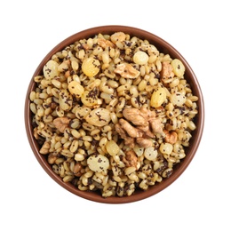 Traditional Christmas slavic dish kutia in bowl isolated on white, top view Photo of Traditional Christmas slavic dish kutia in bowl isolated on white, top view