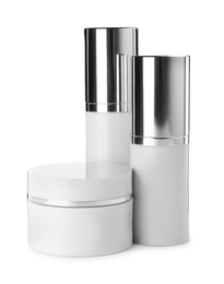 Set of luxury cosmetic products on white background Photo of Set of luxury cosmetic products on white background