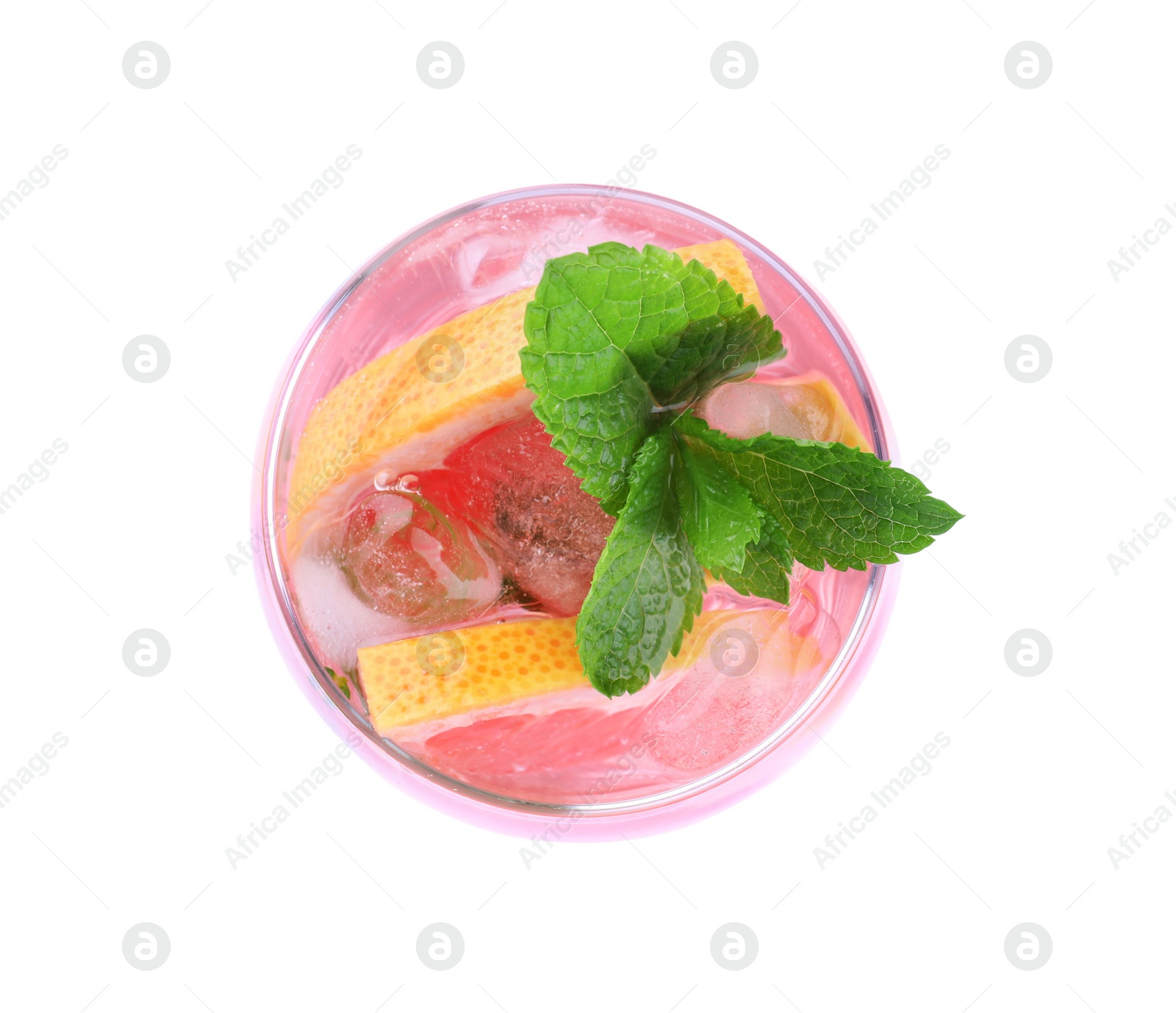 Delicious grapefruit lemonade made with soda water isolated on white, top view Photo of Delicious grapefruit lemonade made with soda water isolated on white, top view