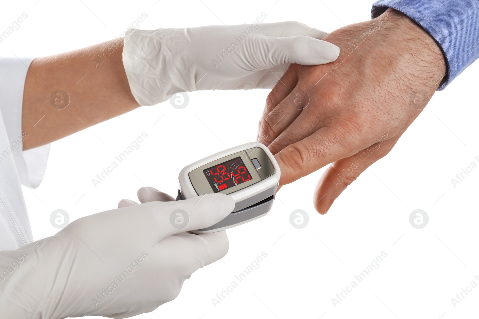 Doctor checking patient's oxygen level with pulse oximeter on white background, closeup Photo of Doctor checking patient's oxygen level with pulse oximeter on white background, closeup
